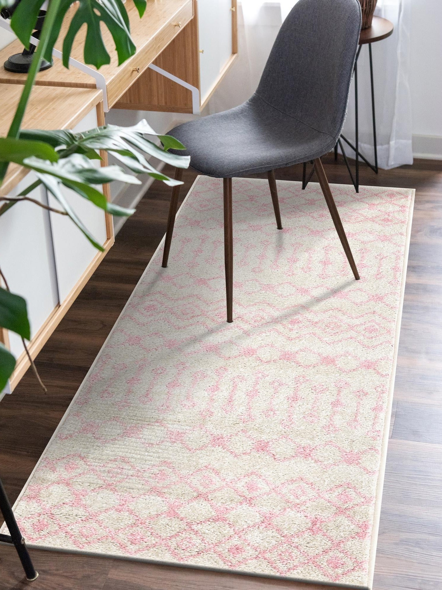 Ivory and Pink 2' 7 x 10' Tribal Trellis Runner Area Rug Geometric Southwestern Inspired Durable Carpet for Home Interior Design for Sale at Rug Engine