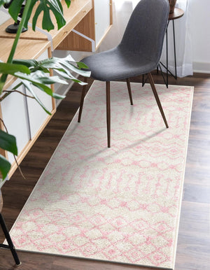 Ivory and Pink 2' 7 x 10' Tribal Trellis Runner Area Rug Geometric Southwestern Inspired Durable Carpet for Home Interior Design for Sale at Rug Engine