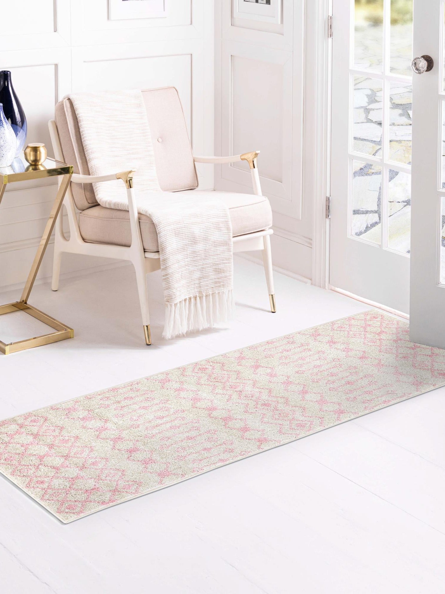 Ivory and Pink 2' x 5' Tribal Trellis Runner Area Rug Geometric Southwestern Inspired Durable Carpet for Home Interior Design for Sale at Rug Engine
