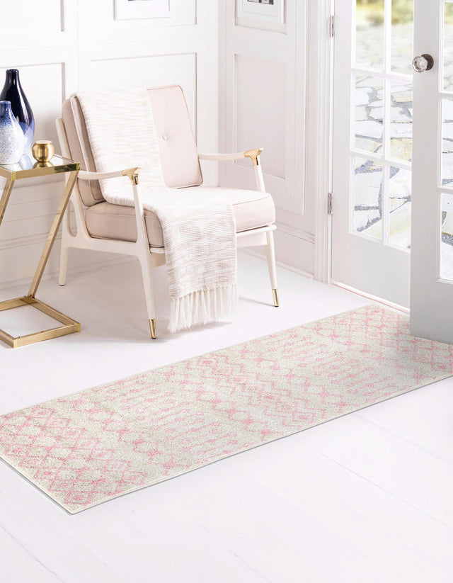 Ivory and Pink 2' x 5' Tribal Trellis Runner Area Rug Geometric Southwestern Inspired Durable Carpet for Home Interior Design for Sale at Rug Engine