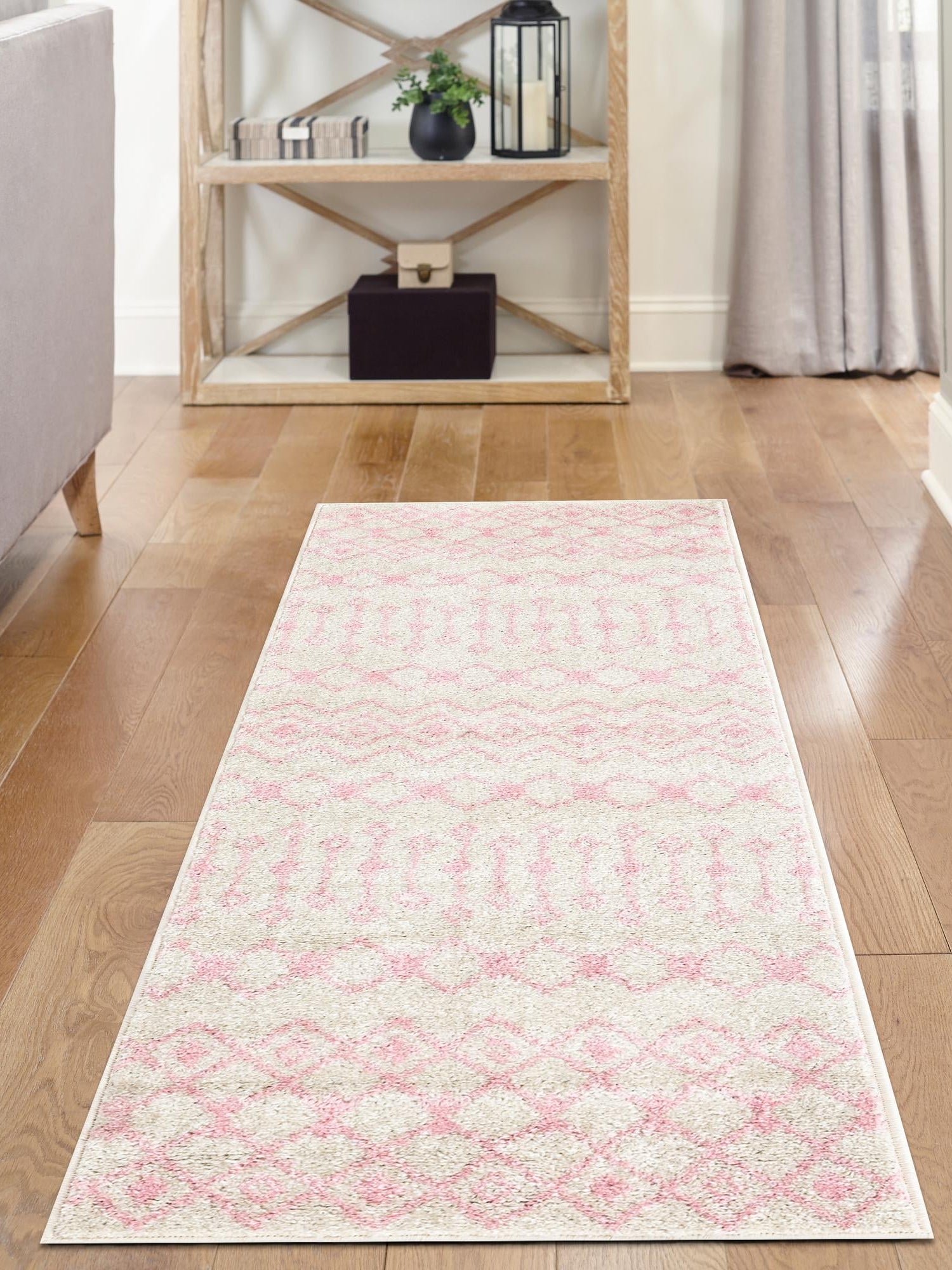 Ivory and Pink 2' x 5' Tribal Trellis Runner Area Rug Geometric Southwestern Inspired Durable Carpet for Home Interior Design for Sale at Rug Engine
