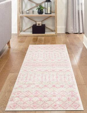 Ivory and Pink 2' x 7' Tribal Trellis Runner Area Rug Geometric Southwestern Inspired Durable Carpet for Home Interior Design for Sale at Rug Engine