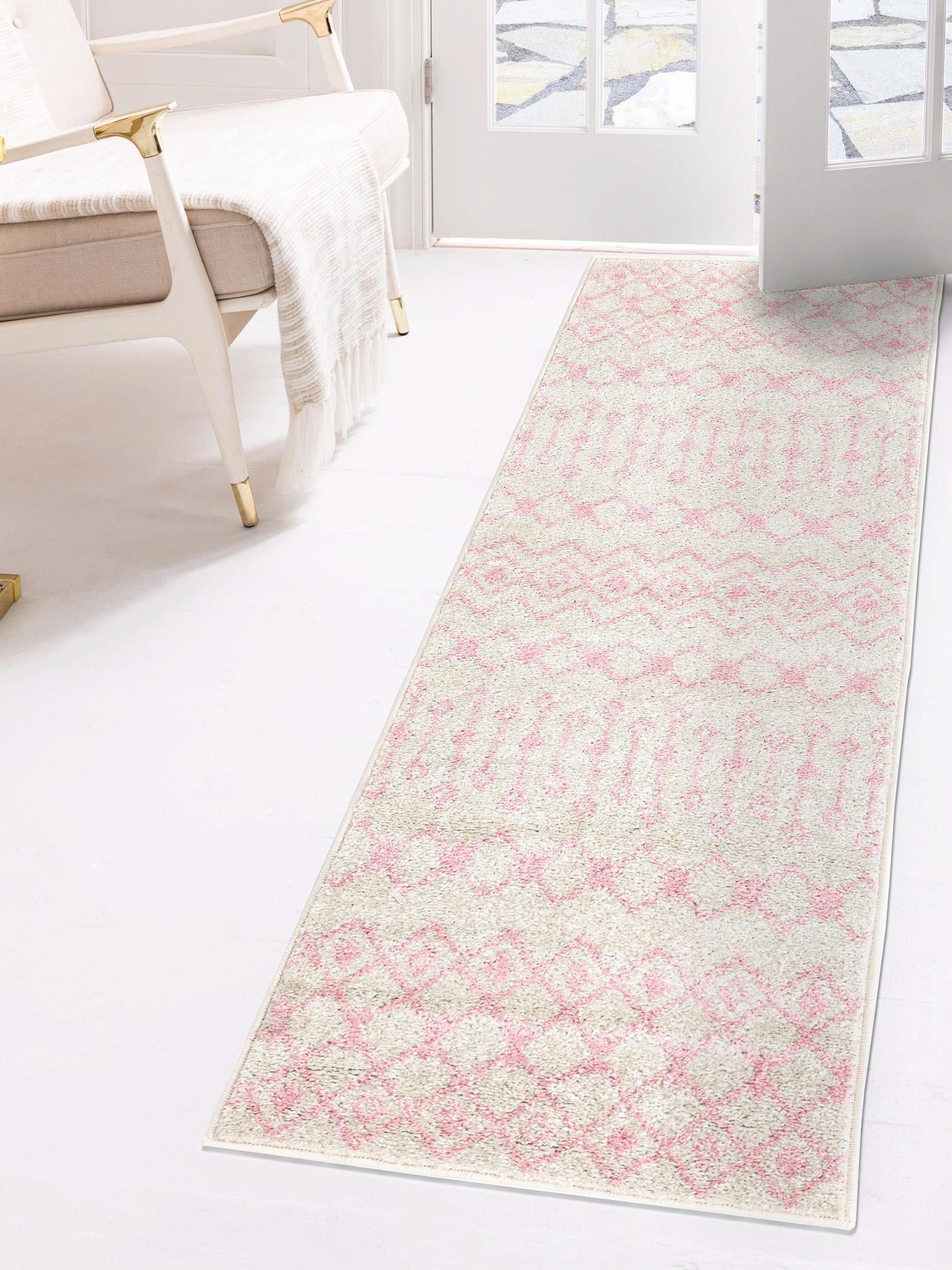 Ivory and Pink 2' x 7' Tribal Trellis Runner Area Rug Geometric Southwestern Inspired Durable Carpet for Home Interior Design for Sale at Rug Engine