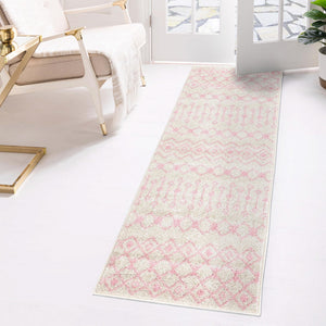 Ivory and Pink 2' 7 x 12' Tribal Trellis Runner Area Rug Geometric Southwestern Inspired Durable Carpet for Home Interior Design for Sale at Rug Engine