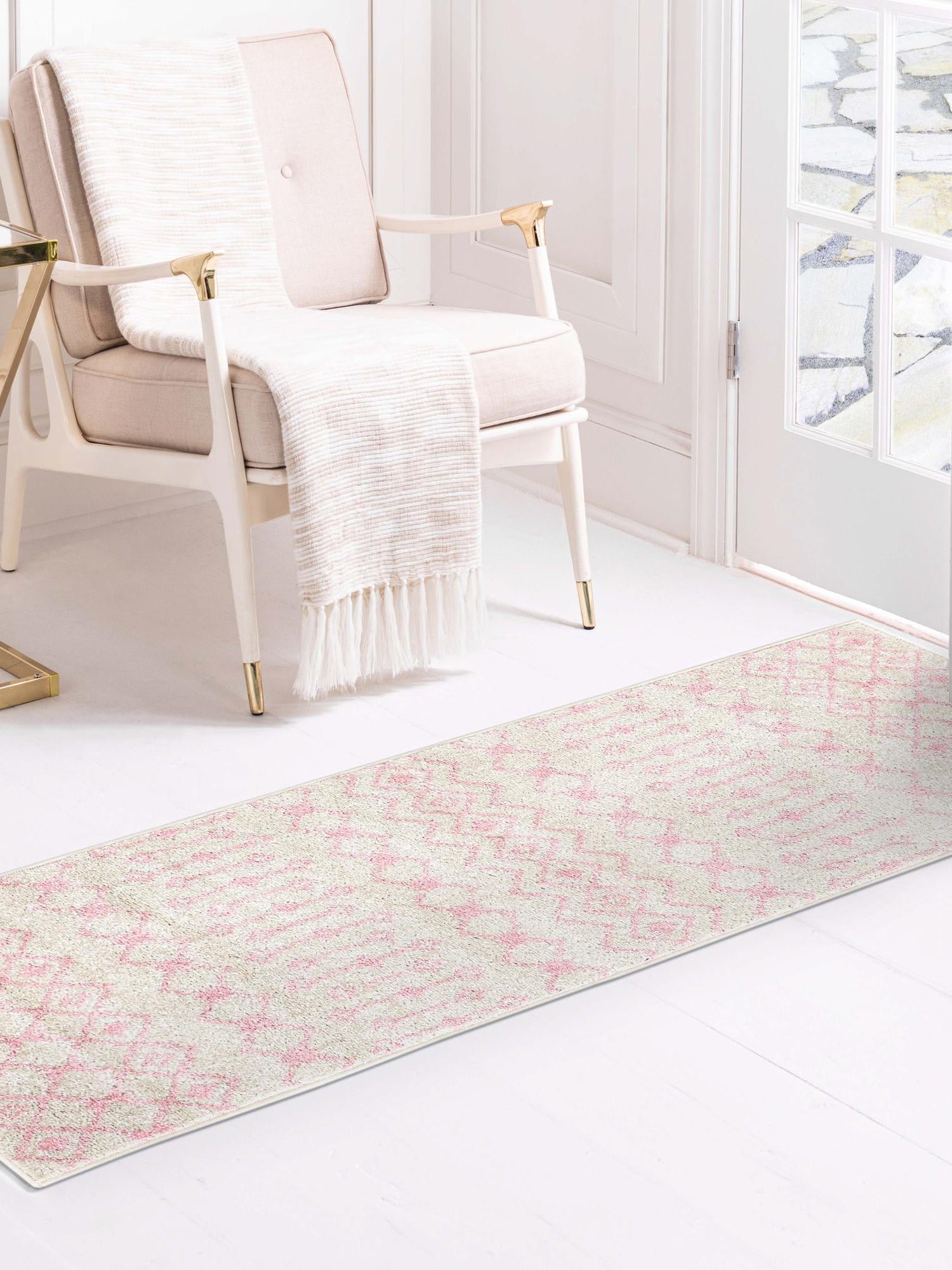 Ivory and Pink 2' 7 x 12' Tribal Trellis Runner Area Rug Geometric Southwestern Inspired Durable Carpet for Home Interior Design for Sale at Rug Engine
