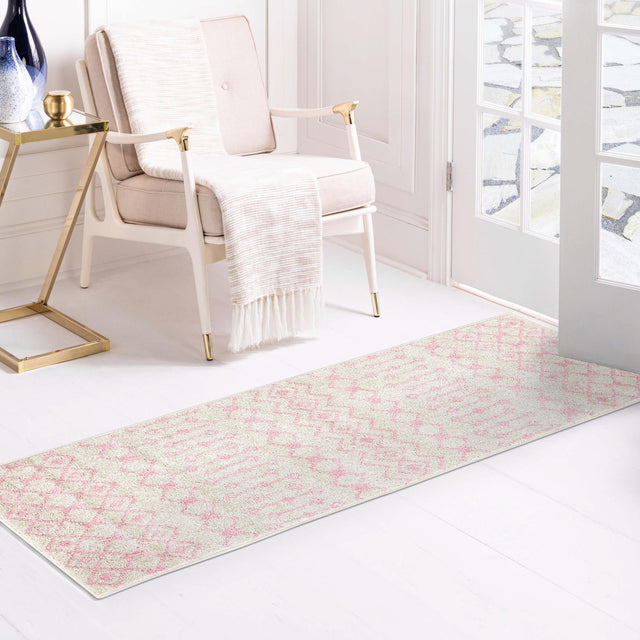 Ivory and Pink 2' x 7' Tribal Trellis Runner Area Rug Geometric Southwestern Inspired Durable Carpet for Home Interior Design for Sale at Rug Engine