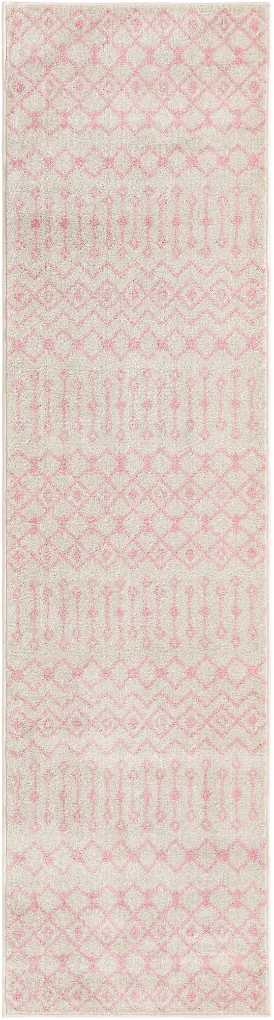 Ivory and Pink 2' 7 x 10' Tribal Trellis Runner Area Rug Geometric Southwestern Inspired Durable Carpet for Home Interior Design for Sale at Rug Engine