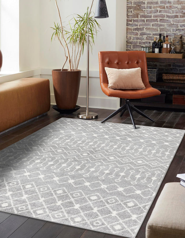 Gray 9' x 12' Tribal Trellis Rectangle Area Rug Geometric Southwestern Inspired Durable Carpet for Home Interior Design for Sale at Rug Engine