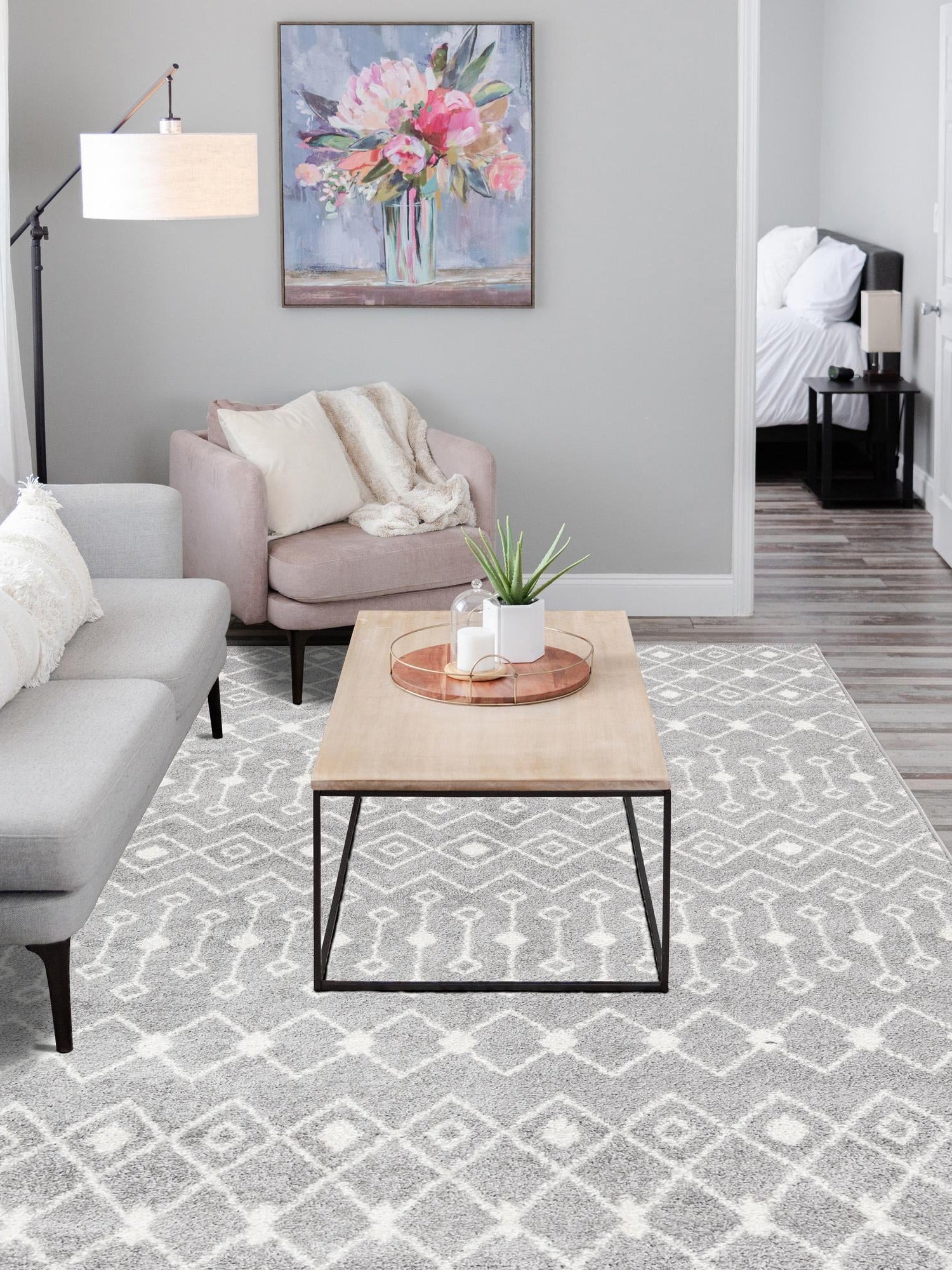 Gray 4' 1 x 6' 1 Tribal Trellis Rectangle Area Rug Geometric Southwestern Inspired Durable Carpet for Home Interior Design for Sale at Rug Engine
