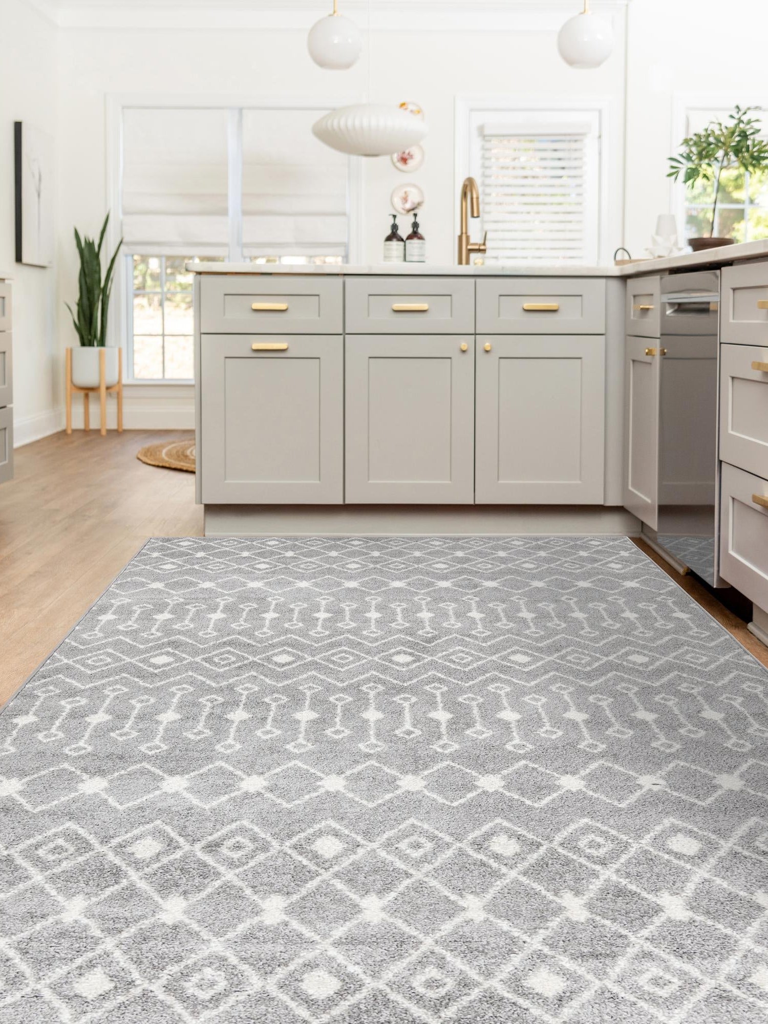 Gray 6' 1 x 9' Tribal Trellis Rectangle Area Rug Geometric Southwestern Inspired Durable Carpet for Home Interior Design for Sale at Rug Engine