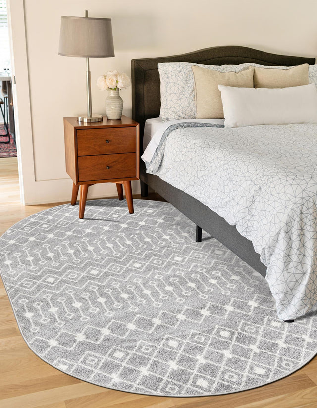 Gray 4' 1 x 6' 1 Tribal Trellis Oval Area Rug Geometric Southwestern Inspired Durable Carpet for Home Interior Design for Sale at Rug Engine