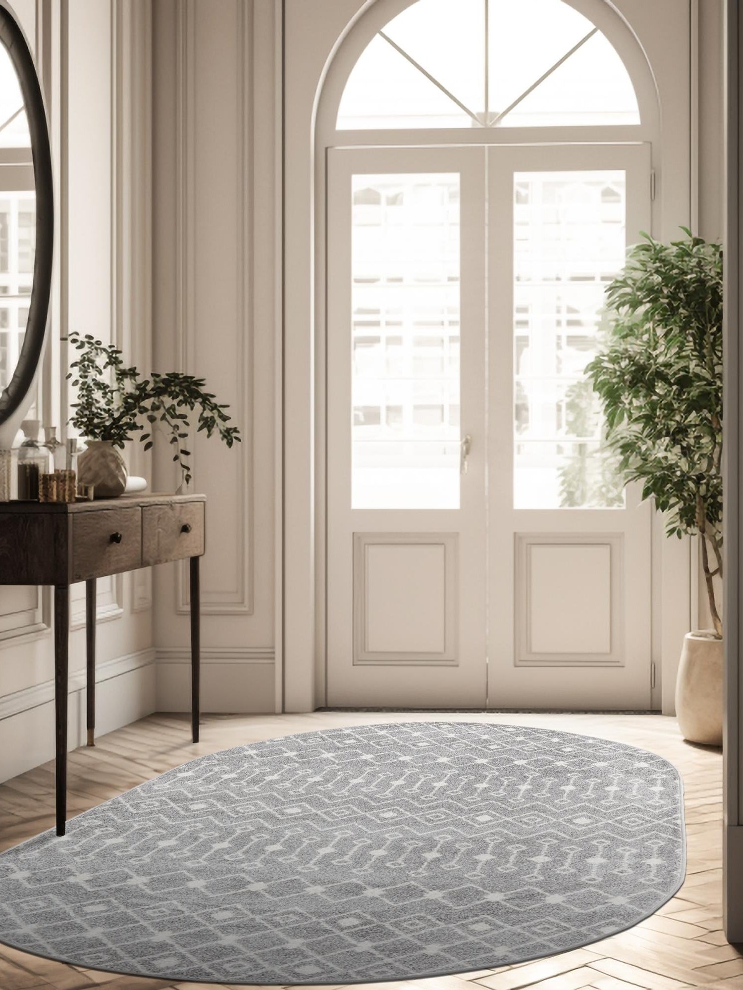 Gray 4' 1 x 6' 1 Tribal Trellis Oval Area Rug Geometric Southwestern Inspired Durable Carpet for Home Interior Design for Sale at Rug Engine