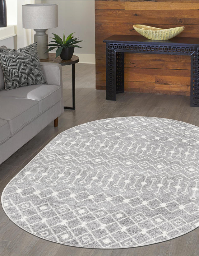 Gray 5' 3 x 8' Tribal Trellis Oval Area Rug Geometric Southwestern Inspired Durable Carpet for Home Interior Design for Sale at Rug Engine