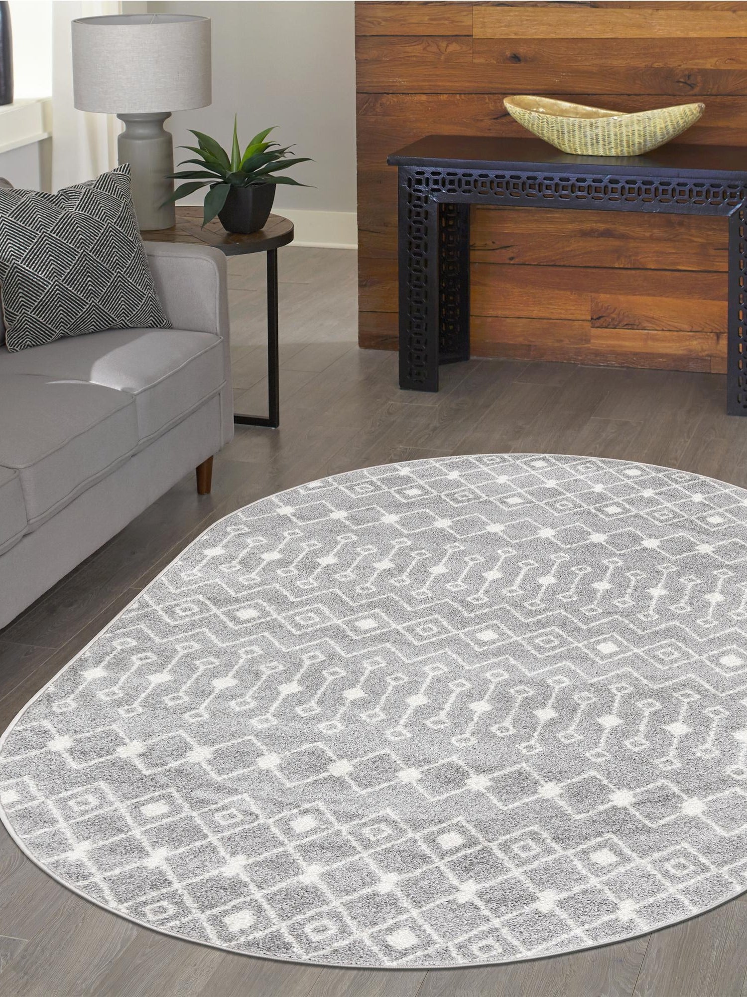 Gray 4' 1 x 6' 1 Tribal Trellis Oval Area Rug Geometric Southwestern Inspired Durable Carpet for Home Interior Design for Sale at Rug Engine