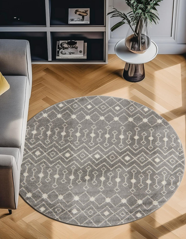 Gray 6' 1 x 6' 1 Tribal Trellis Round Area Rug Geometric Southwestern Inspired Durable Carpet for Home Interior Design for Sale at Rug Engine