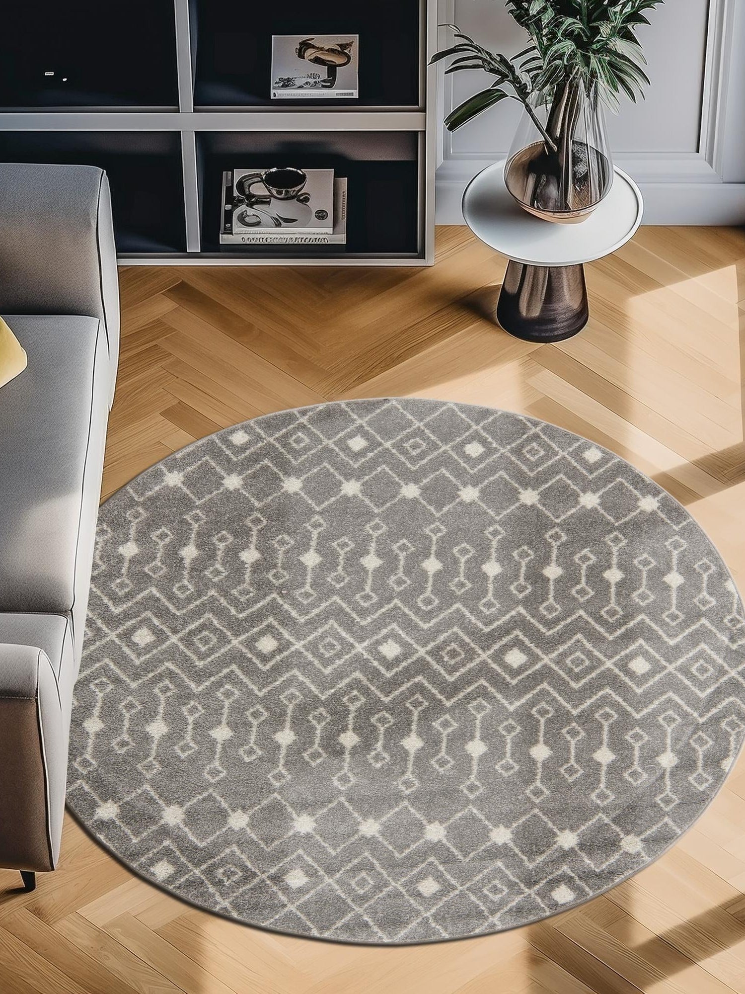 Gray 3' 1 x 3' 1 Tribal Trellis Round Area Rug Geometric Southwestern Inspired Durable Carpet for Home Interior Design for Sale at Rug Engine