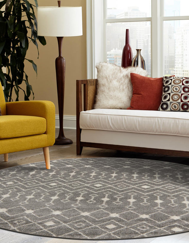 Gray 7' 10 x 7' 10 Tribal Trellis Round Area Rug Geometric Southwestern Inspired Durable Carpet for Home Interior Design for Sale at Rug Engine
