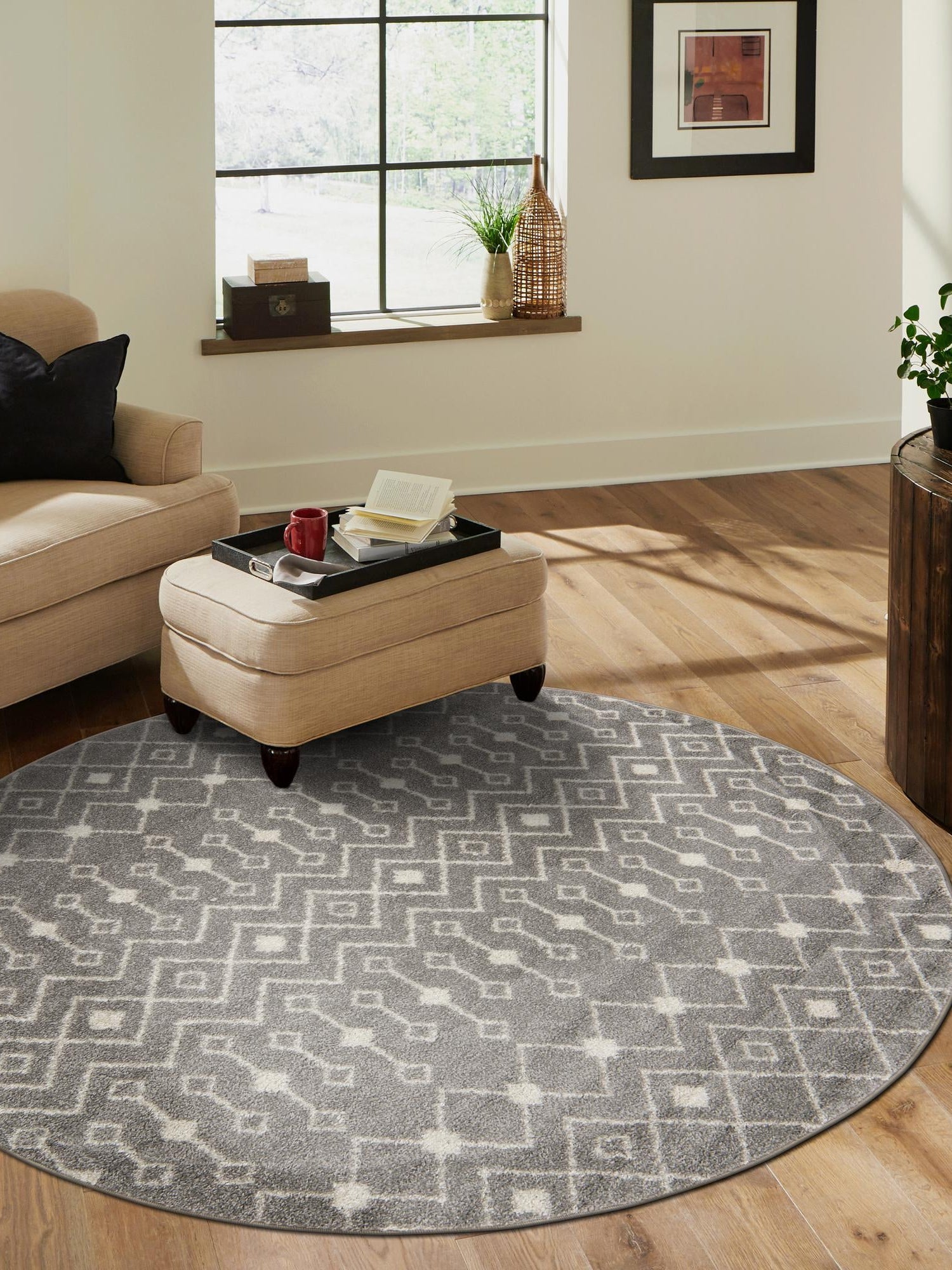 Gray 7' 10 x 7' 10 Tribal Trellis Round Area Rug Geometric Southwestern Inspired Durable Carpet for Home Interior Design for Sale at Rug Engine
