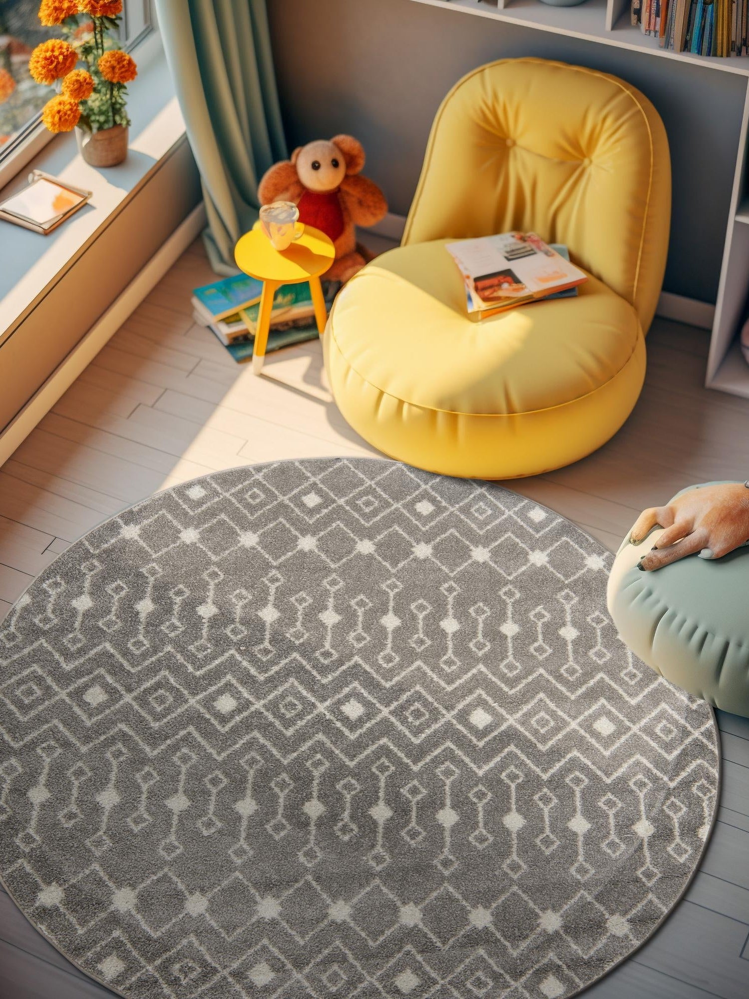 Gray 10' x 10' Tribal Trellis Round Area Rug Geometric Southwestern Inspired Durable Carpet for Home Interior Design for Sale at Rug Engine