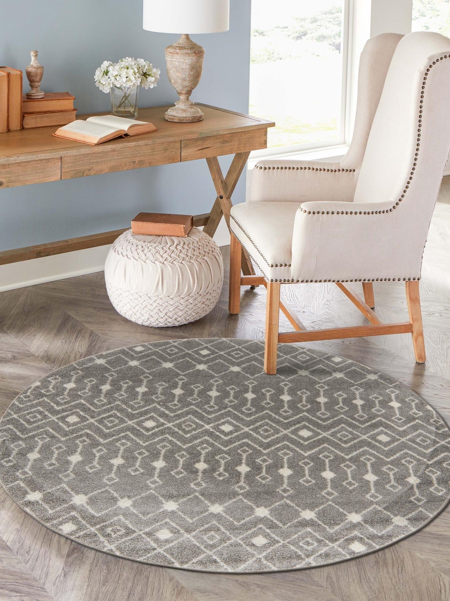 Gray 3' 1 x 3' 1 Tribal Trellis Round Area Rug Geometric Southwestern Inspired Durable Carpet for Home Interior Design for Sale at Rug Engine