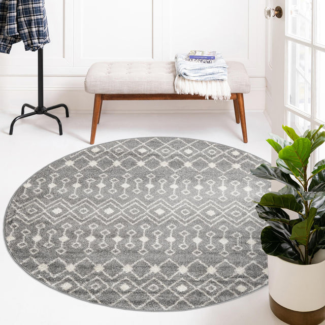 Gray 3' 1 x 3' 1 Tribal Trellis Round Area Rug Geometric Southwestern Inspired Durable Carpet for Home Interior Design for Sale at Rug Engine