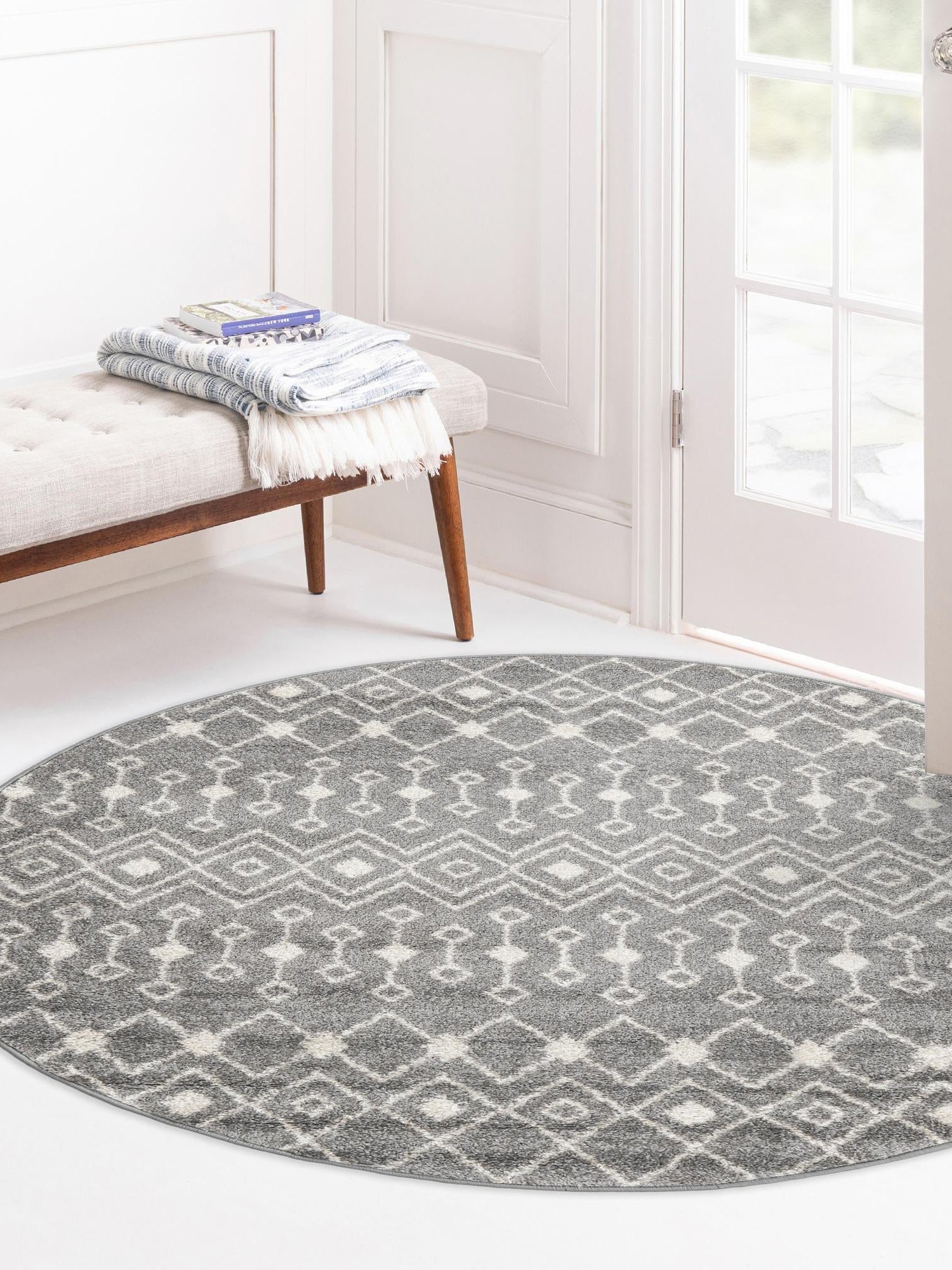 Gray 7' 10 x 7' 10 Tribal Trellis Round Area Rug Geometric Southwestern Inspired Durable Carpet for Home Interior Design for Sale at Rug Engine
