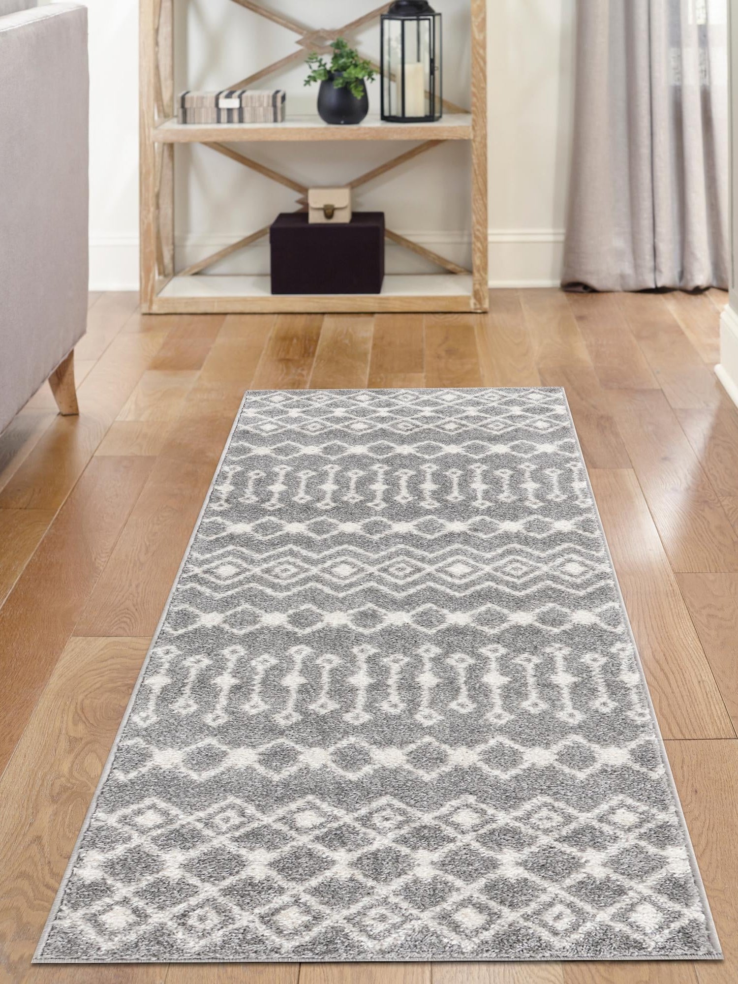 Gray 2' x 7' 1 Tribal Trellis Runner Area Rug Geometric Southwestern Inspired Durable Carpet for Home Interior Design for Sale at Rug Engine
