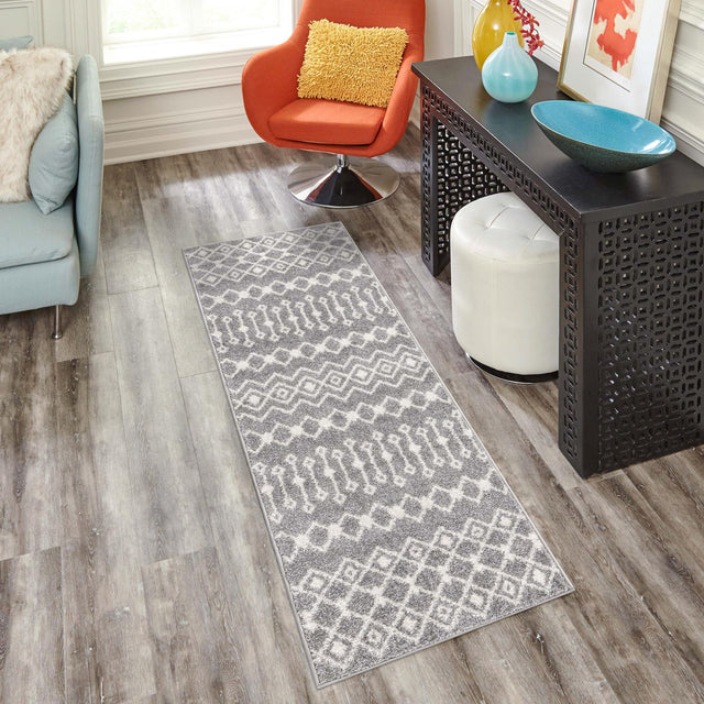 Gray 2' x 7' 1 Tribal Trellis Runner Area Rug Geometric Southwestern Inspired Durable Carpet for Home Interior Design for Sale at Rug Engine