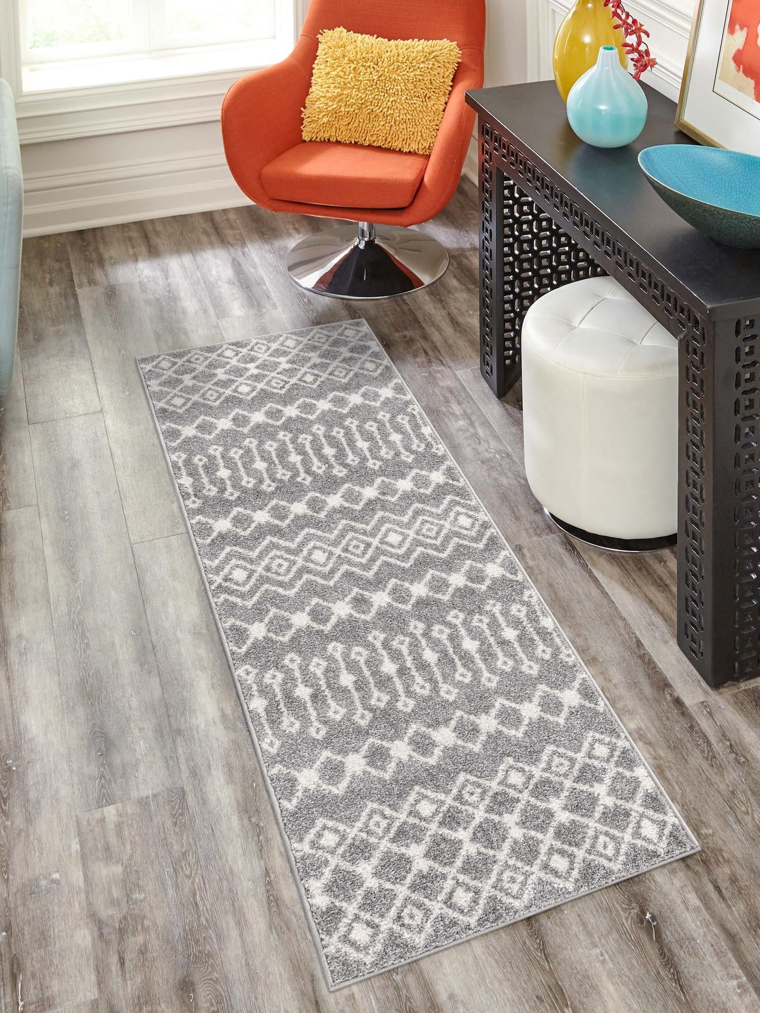 Gray 3' 3 x 16' 5 Tribal Trellis Runner Area Rug Geometric Southwestern Inspired Durable Carpet for Home Interior Design for Sale at Rug Engine