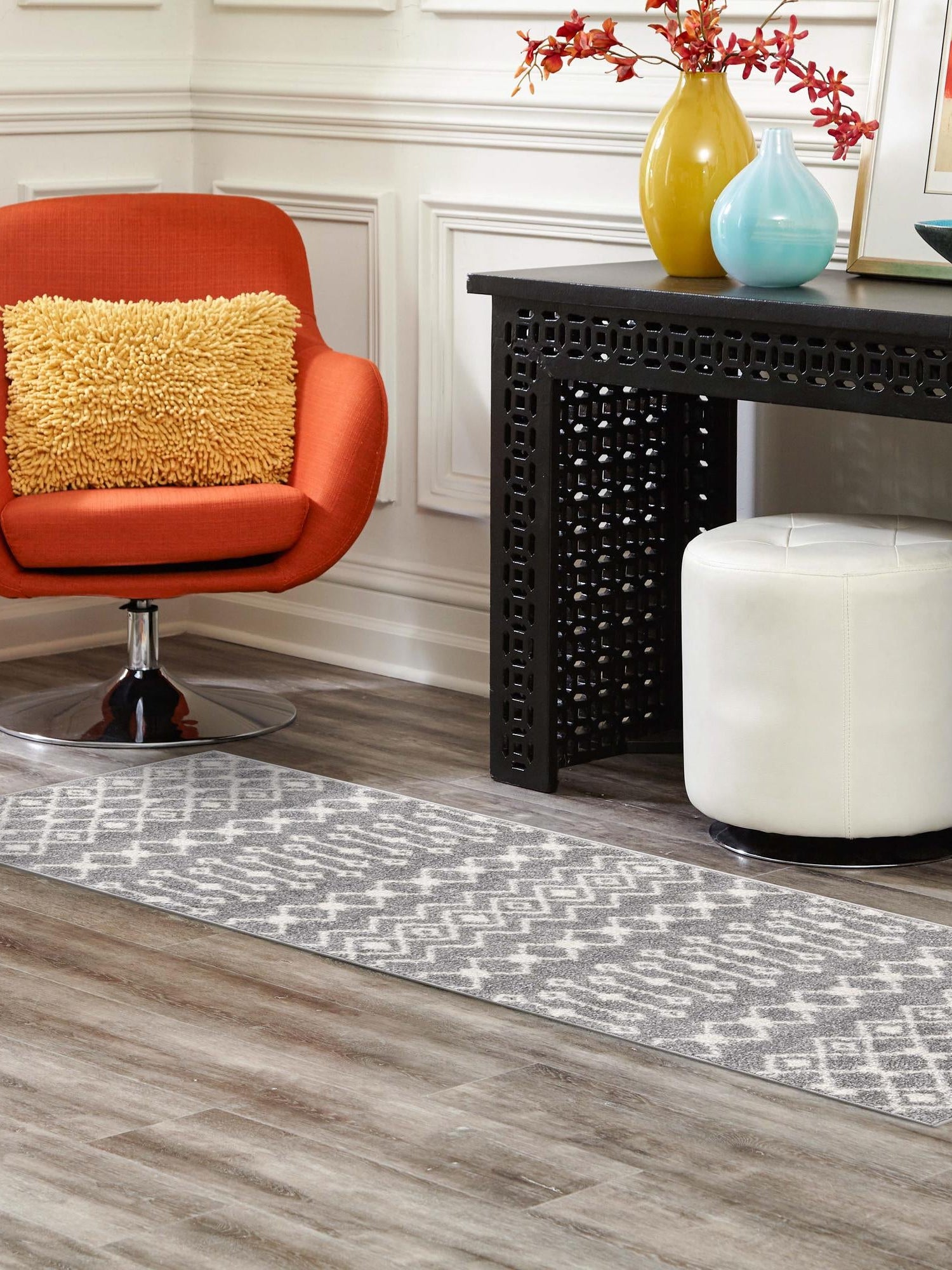 Gray 2' 7 x 12' Tribal Trellis Runner Area Rug Geometric Southwestern Inspired Durable Carpet for Home Interior Design for Sale at Rug Engine
