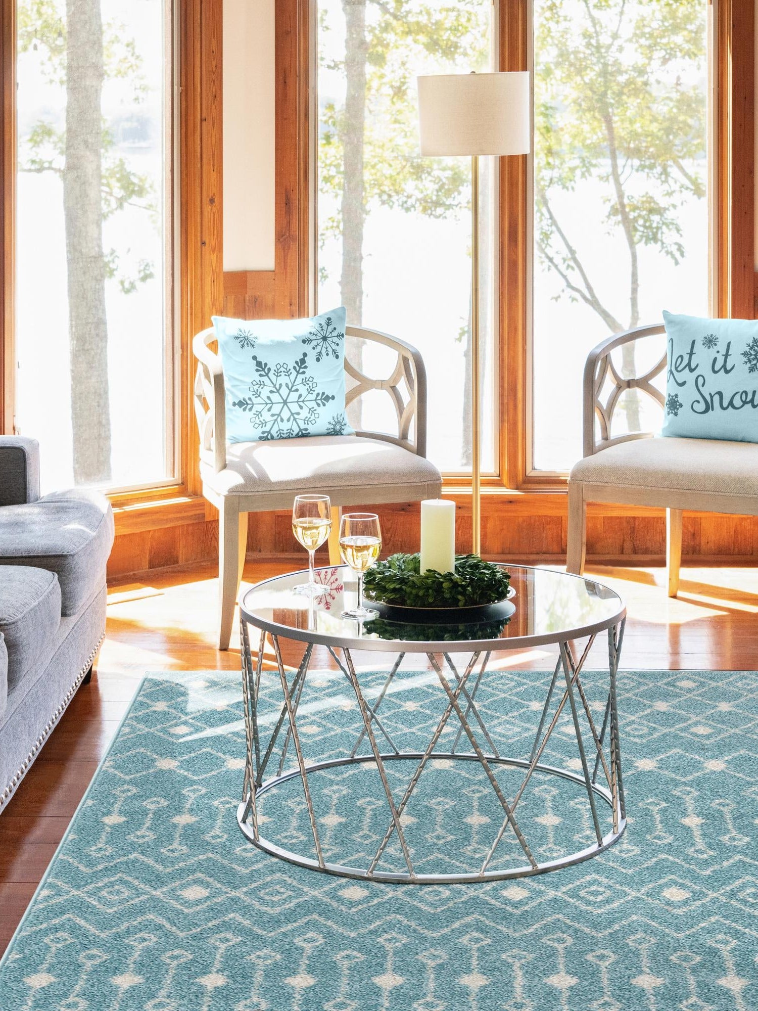 Aqua Blue 5' 3 x 8' Tribal Trellis Rectangle Area Rug Geometric Southwestern Inspired Durable Carpet for Home Interior Design for Sale at Rug Engine
