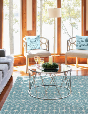Aqua Blue 5' 3 x 8' Tribal Trellis Rectangle Area Rug Geometric Southwestern Inspired Durable Carpet for Home Interior Design for Sale at Rug Engine