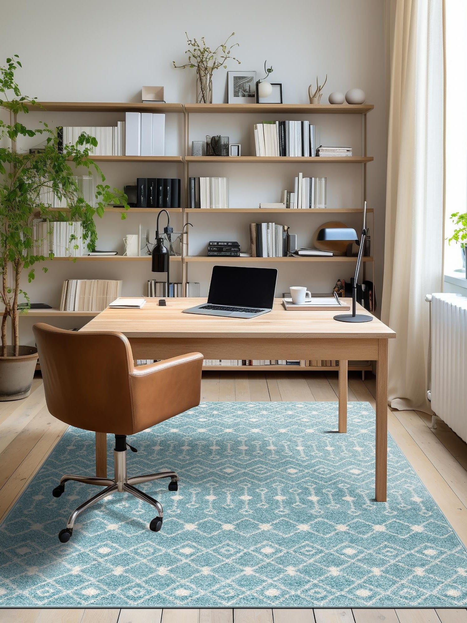Aqua Blue 5' 3 x 8' Tribal Trellis Rectangle Area Rug Geometric Southwestern Inspired Durable Carpet for Home Interior Design for Sale at Rug Engine