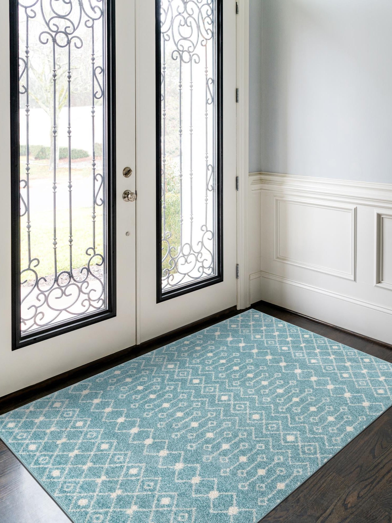 Aqua Blue 5' 3 x 8' Tribal Trellis Rectangle Area Rug Geometric Southwestern Inspired Durable Carpet for Home Interior Design for Sale at Rug Engine