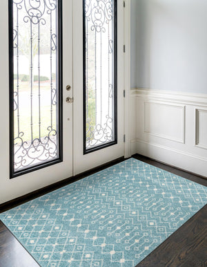 Aqua Blue 5' 3 x 8' Tribal Trellis Rectangle Area Rug Geometric Southwestern Inspired Durable Carpet for Home Interior Design for Sale at Rug Engine