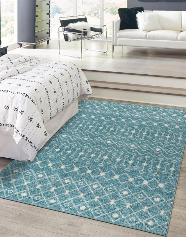 Aqua Blue 9' x 12' Tribal Trellis Rectangle Area Rug Geometric Southwestern Inspired Durable Carpet for Home Interior Design for Sale at Rug Engine