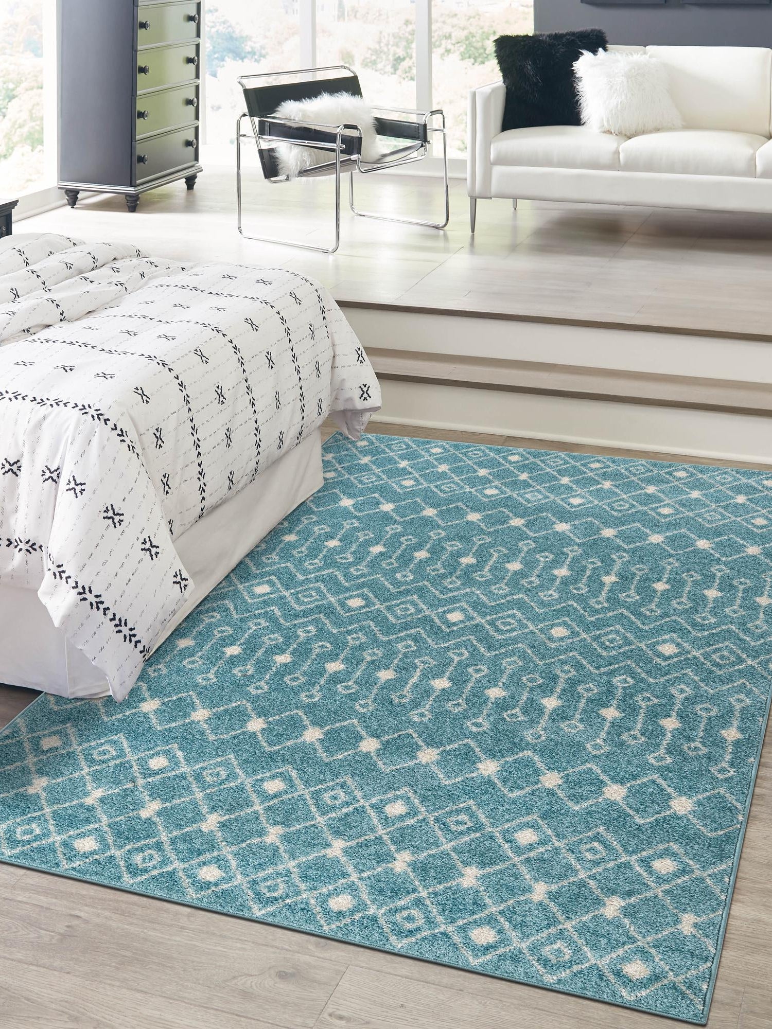 Aqua Blue 10' x 13' Tribal Trellis Rectangle Area Rug Geometric Southwestern Inspired Durable Carpet for Home Interior Design for Sale at Rug Engine