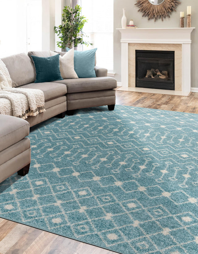 Aqua Blue 10' 8 x 14' Tribal Trellis Rectangle Area Rug Geometric Southwestern Inspired Durable Carpet for Home Interior Design for Sale at Rug Engine