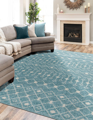 Aqua Blue 5' 3 x 8' Tribal Trellis Rectangle Area Rug Geometric Southwestern Inspired Durable Carpet for Home Interior Design for Sale at Rug Engine