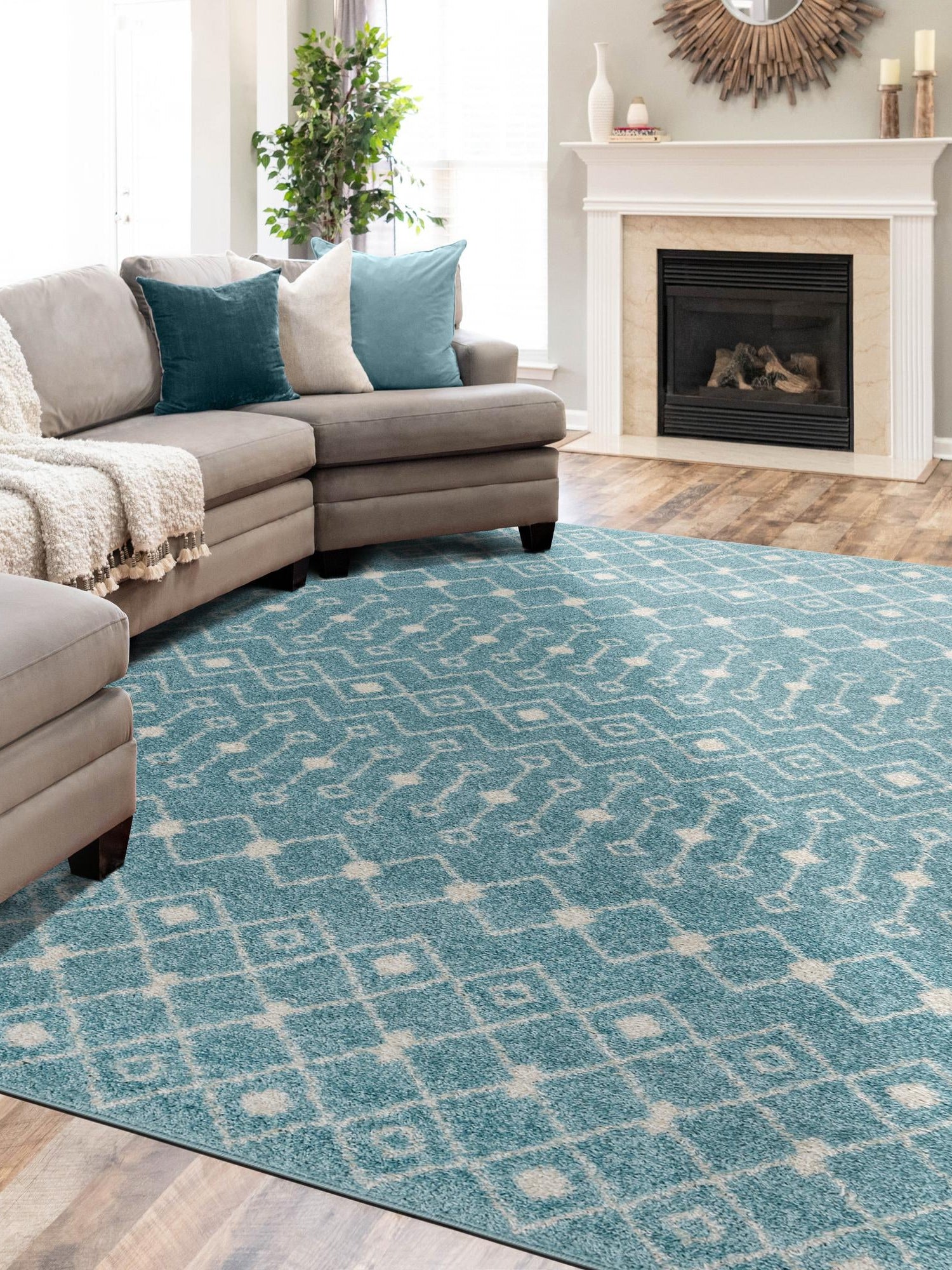Aqua Blue 10' x 13' Tribal Trellis Rectangle Area Rug Geometric Southwestern Inspired Durable Carpet for Home Interior Design for Sale at Rug Engine