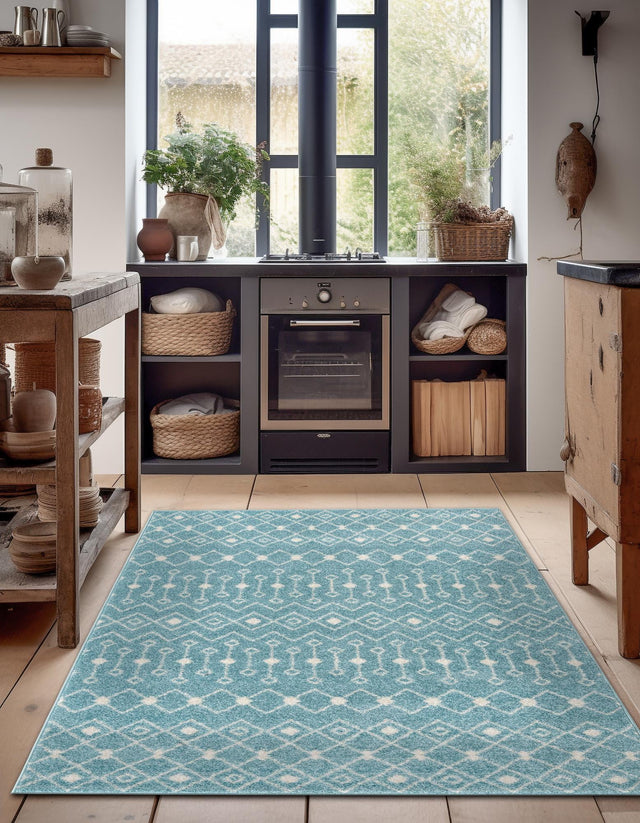 Aqua Blue 10' 8 x 14' Tribal Trellis Rectangle Area Rug Geometric Southwestern Inspired Durable Carpet for Home Interior Design for Sale at Rug Engine