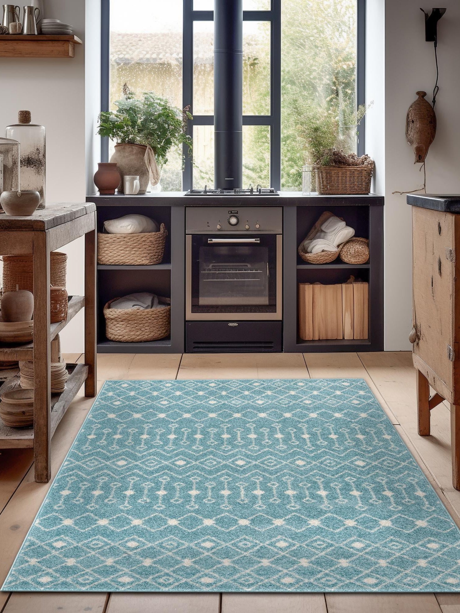 Aqua Blue 9' x 12' Tribal Trellis Rectangle Area Rug Geometric Southwestern Inspired Durable Carpet for Home Interior Design for Sale at Rug Engine