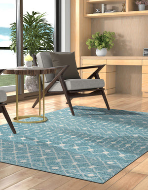 Aqua Blue 10' 8 x 14' Tribal Trellis Rectangle Area Rug Geometric Southwestern Inspired Durable Carpet for Home Interior Design for Sale at Rug Engine