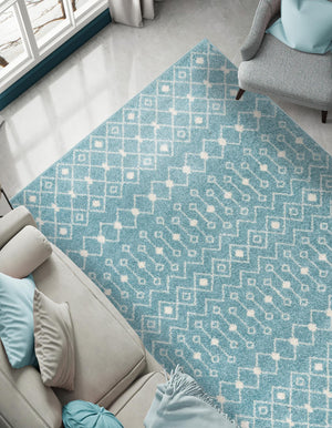 Aqua Blue 10' 8 x 14' Tribal Trellis Rectangle Area Rug Geometric Southwestern Inspired Durable Carpet for Home Interior Design for Sale at Rug Engine