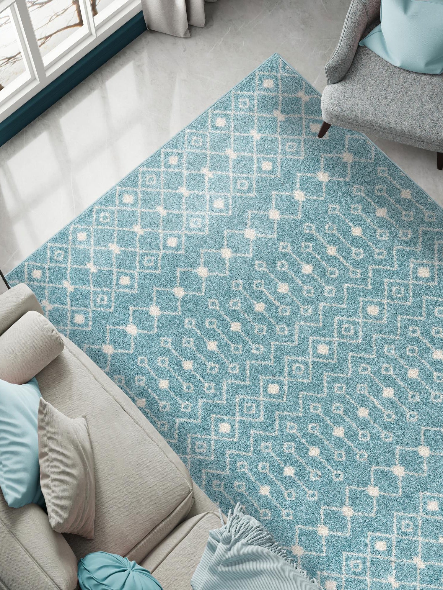 Aqua Blue 5' 3 x 8' Tribal Trellis Rectangle Area Rug Geometric Southwestern Inspired Durable Carpet for Home Interior Design for Sale at Rug Engine