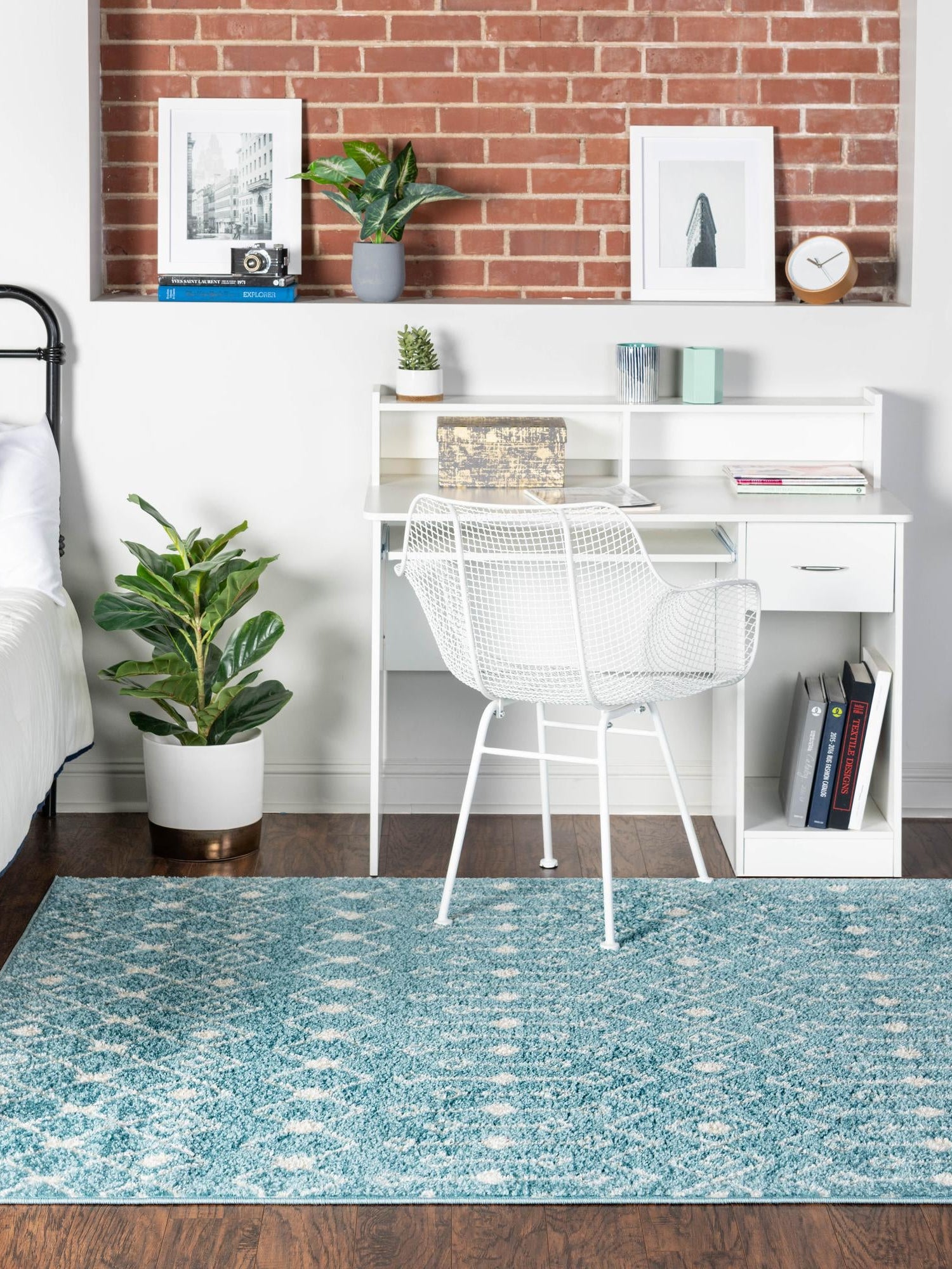 Aqua Blue 5' 3 x 8' Tribal Trellis Rectangle Area Rug Geometric Southwestern Inspired Durable Carpet for Home Interior Design for Sale at Rug Engine