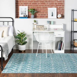 Aqua Blue 5' 3 x 8' Tribal Trellis Rectangle Area Rug Geometric Southwestern Inspired Durable Carpet for Home Interior Design for Sale at Rug Engine