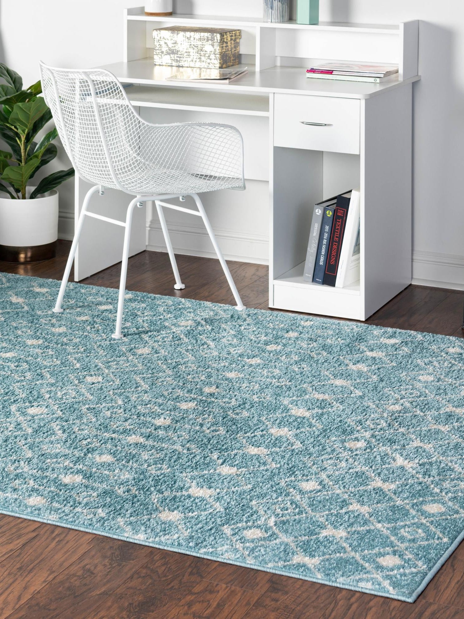 Aqua Blue 5' 3 x 8' Tribal Trellis Rectangle Area Rug Geometric Southwestern Inspired Durable Carpet for Home Interior Design for Sale at Rug Engine