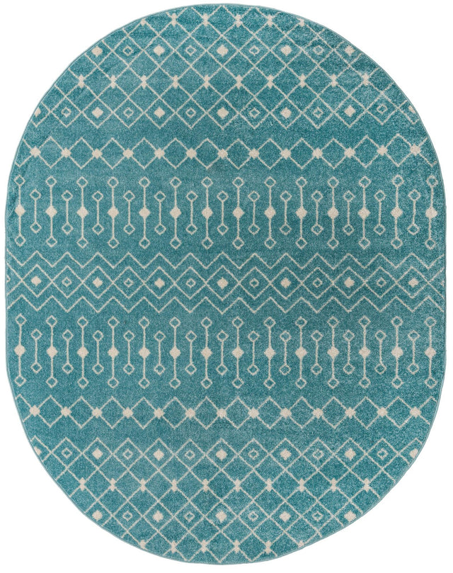 Aqua Blue 7' 10 x 10' Tribal Trellis Oval Area Rug Geometric Southwestern Inspired Durable Carpet for Home Interior Design for Sale at Rug Engine