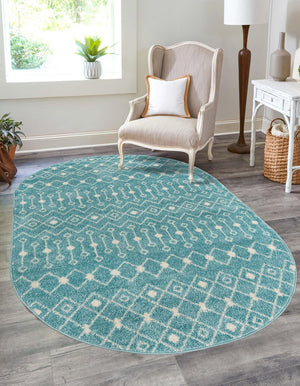 Aqua Blue 7' 10 x 10' Tribal Trellis Oval Area Rug Geometric Southwestern Inspired Durable Carpet for Home Interior Design for Sale at Rug Engine